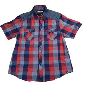 MACHINE PUSH THE LIMIT MENS XL RED BLUE PLAID SHORT SLEEVE BUTTON FRONT SHIRT
